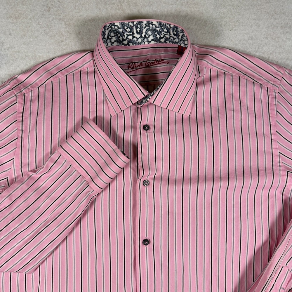 Robert Graham Mens 16 41 L‎ Pink Striped Button Up Shirt Contrast Paisley Cuff